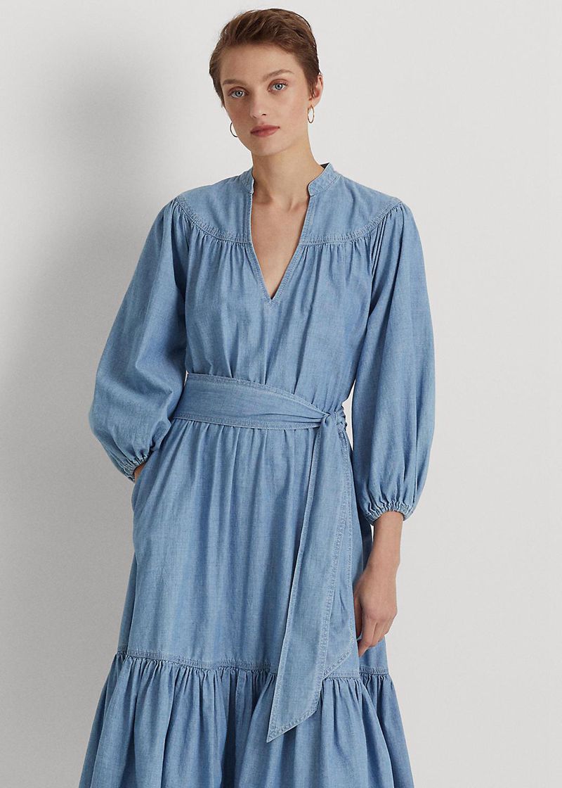 Vestidos Lauren Mujer Chambray Blouson-Sleeve Chile Azules VKYPM-7839